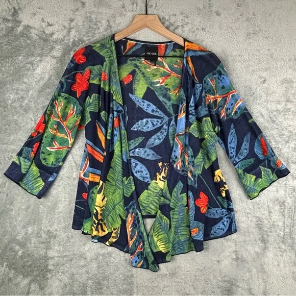 NIC+ZOE Cardigan Sweater Womens M Jungle Print 4-Way Linen Blend Open Waterfall - Picture 9 of 10